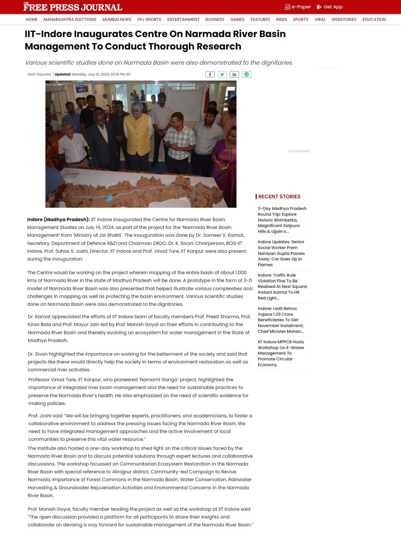 IIT-Indore Inaugurates Centre On Narmada River Basin Management To Conduct Thorough Research