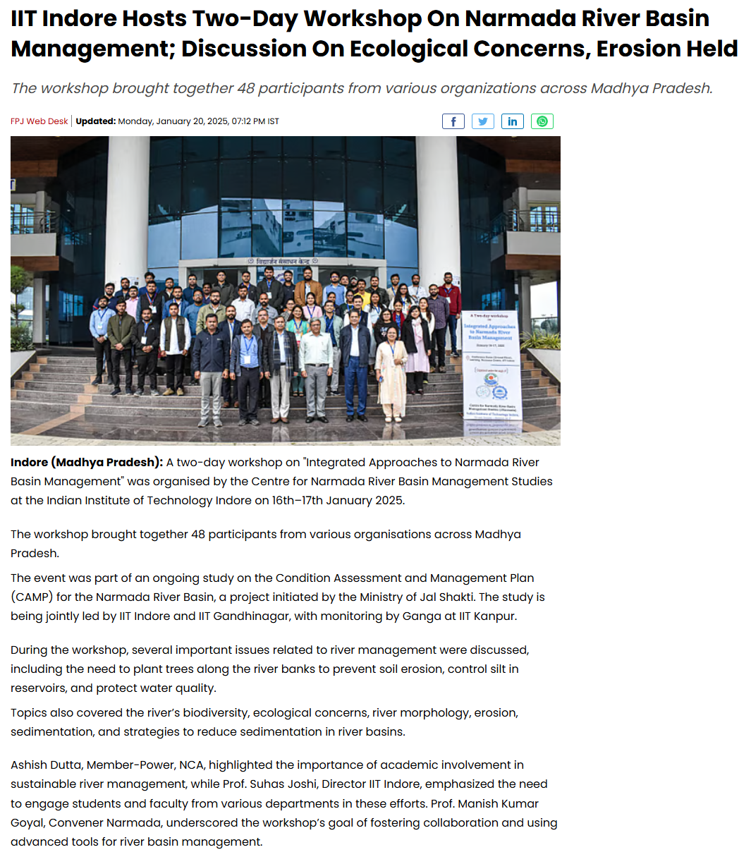 IIT Indore Hosts Two-Day Workshop On Narmada River Basin Management
